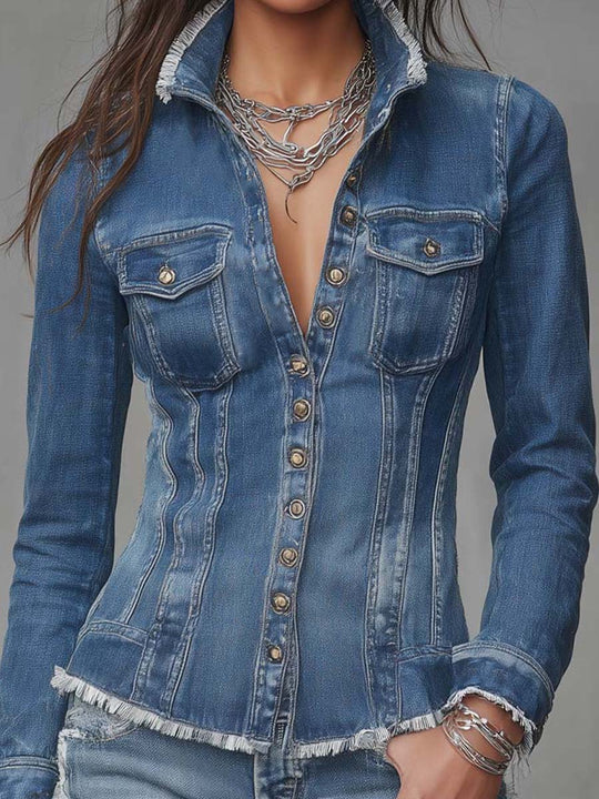 Classic Retro Fitted Frayed-Edge Denim Shirt Jacket with Button Front