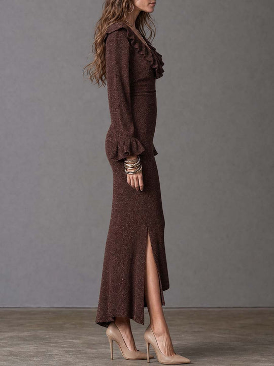 Boho Brown Ribbed Knit Ruffle Trim Bodycon Midi Dress