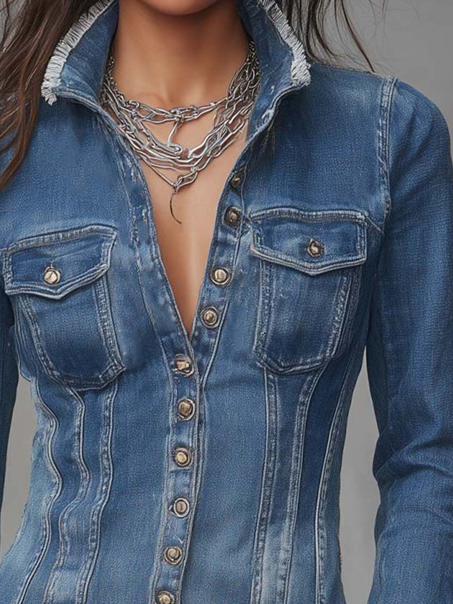 Classic Retro Fitted Frayed-Edge Denim Shirt Jacket with Button Front