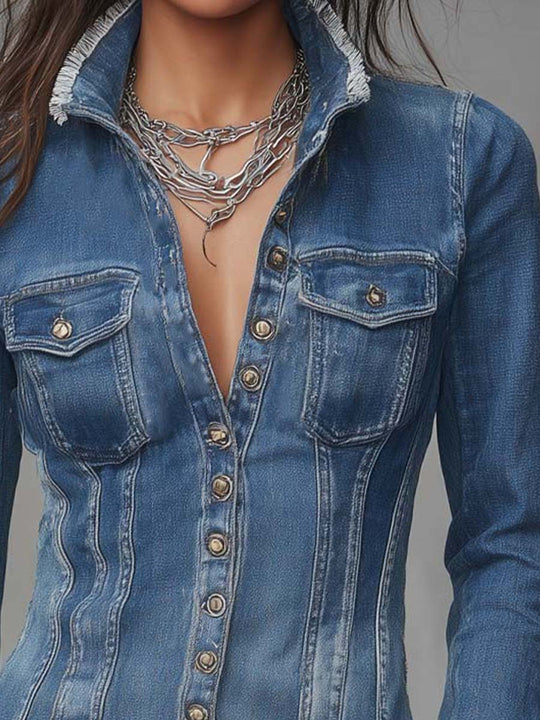 Classic Retro Fitted Frayed-Edge Denim Shirt Jacket with Button Front
