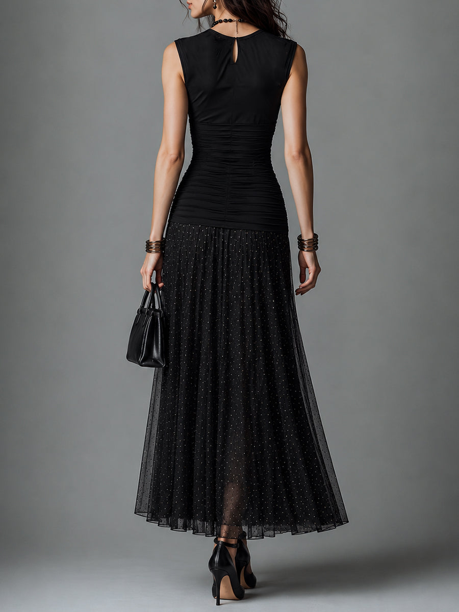 Retro Mesh-Paneled Polka-Dot Pleated Sleeveless Maxi Dress