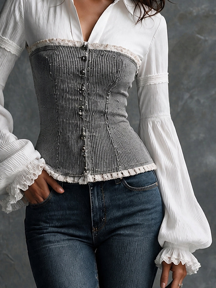 Faux Two-Piece Shirt And Ribbed Corset Top