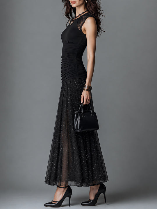 Retro Mesh-Paneled Polka-Dot Pleated Sleeveless Maxi Dress