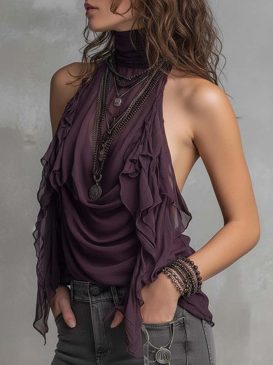 Bohemian Sheer Chiffon Ruffled Halter Top