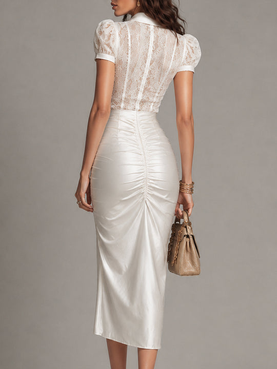 Elegant Lace-Trimmed Shirt-Collar Midi Dress With High Slit