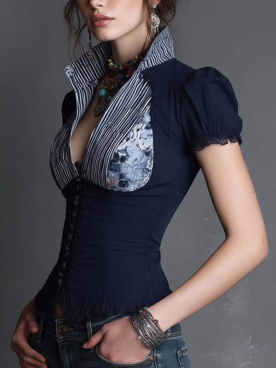 Vintage Bohemian Navy Corset Blouse