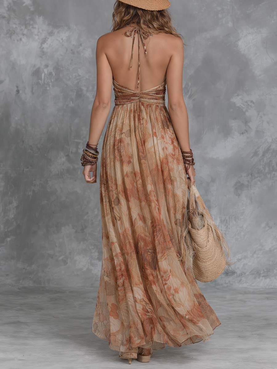 Boho-Vintage Elegant Watercolor Chiffon Maxi Dress