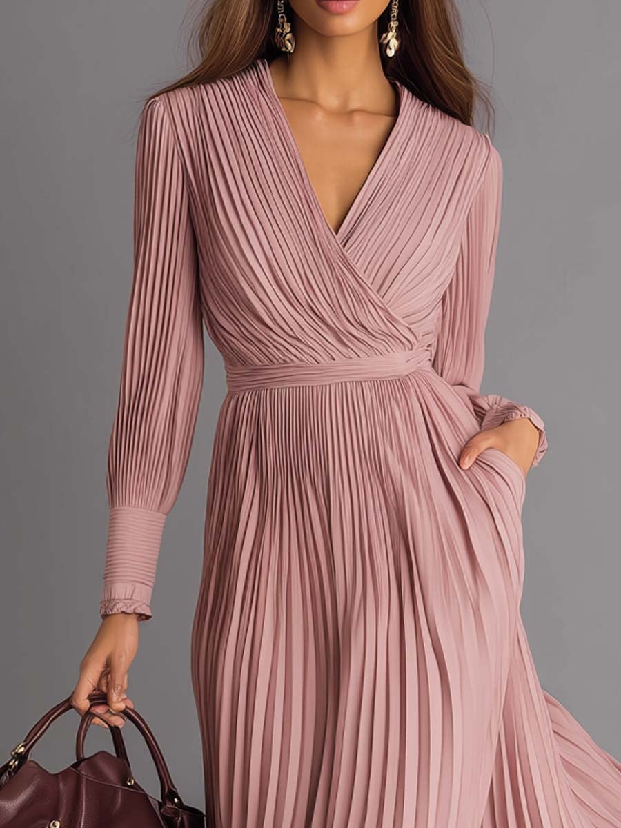 Retro Pleated Crossover V-neck Midi Dress