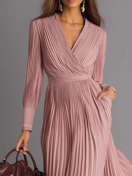 Retro Pleated Crossover V-neck Midi Dress