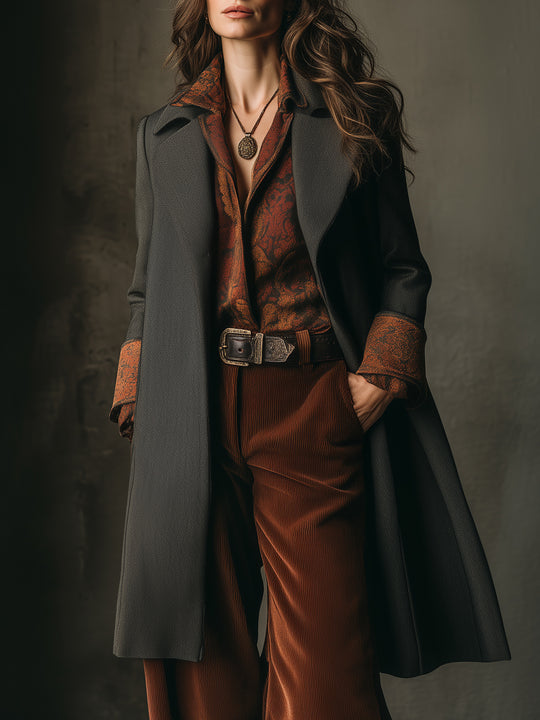 Retro Wool Patchwork Mid-length Lapel Coat