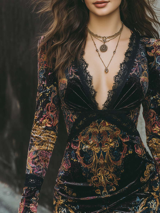 Retro V-neck Lace Trim Floral Print Polyester Velvet Mini Dress