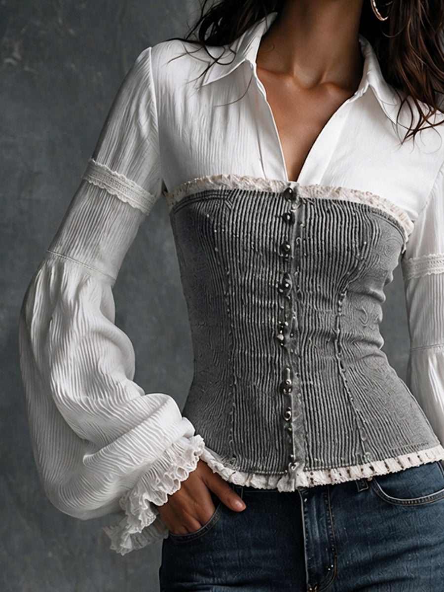 Faux Two-Piece Shirt And Ribbed Corset Top
