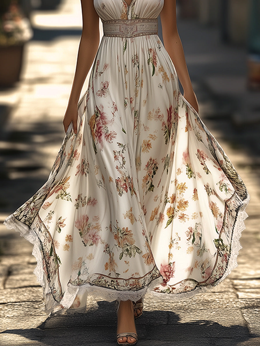 Vacation Bohemian V-neck Off-the-shoulder Floral Maxi Dress