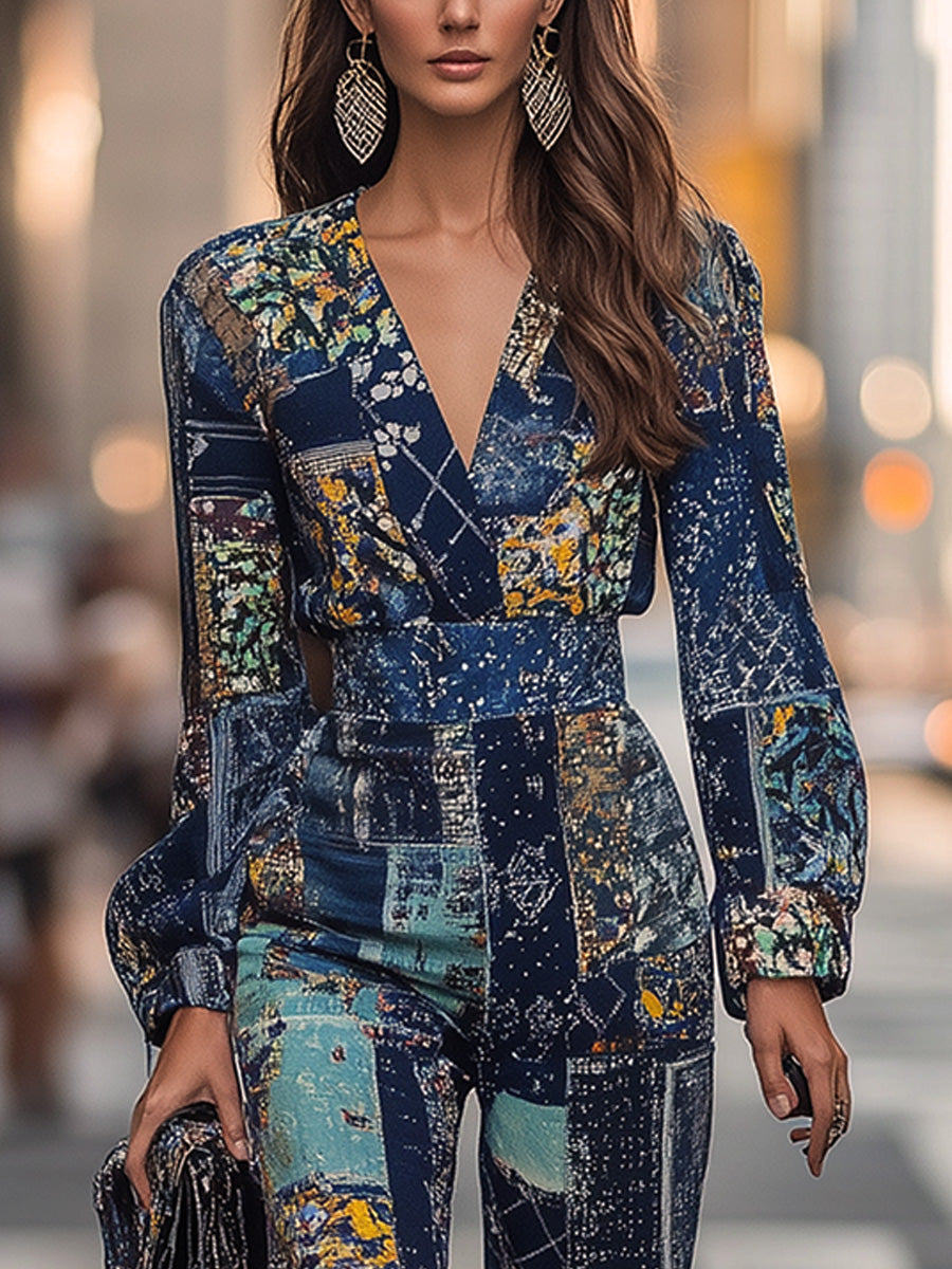 Bohemian Retro Patchwork Print Elegant Jumpsuit