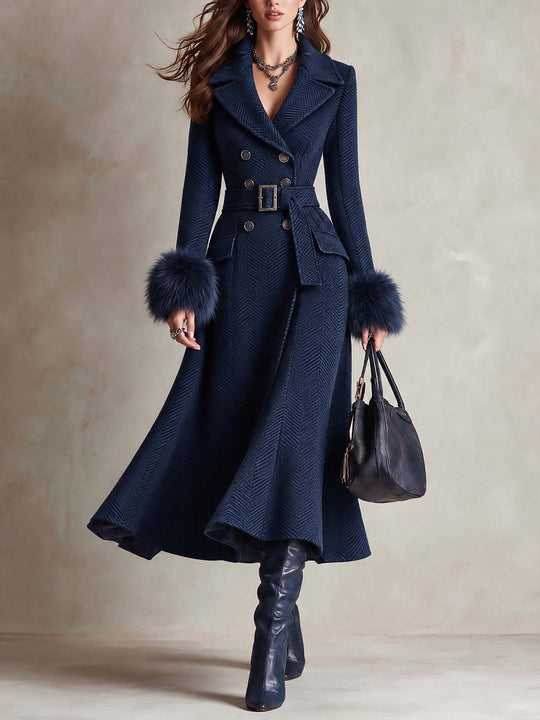 Elegant Belted Chenille Herringbone Long Coat With Detachable Fur Cuffs