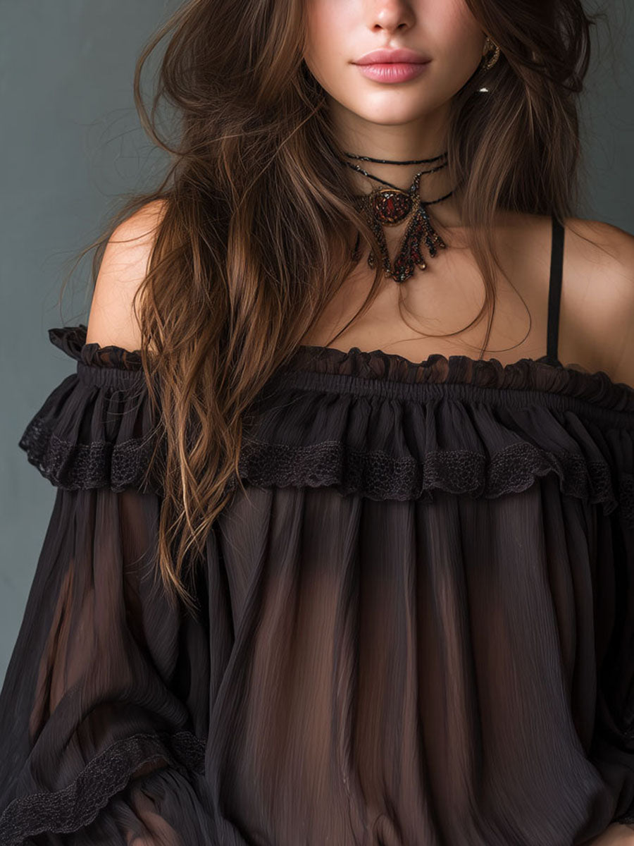 Romantic Cold-Shoulder Ruffle Chiffon Blouse With Lace Trim