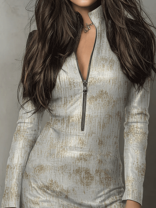 Chic Gold Marbled Zip-Front Bodycon Mini Dress