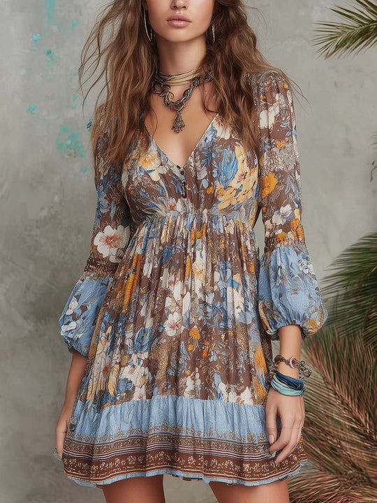 Boho Floral Chiffon Mini Dress With Balloon Sleeves