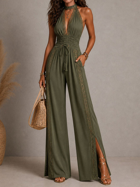 Boho Black Halter Deep V Smocked Waist Lace Wide-Leg One-Piece Jumpsuit