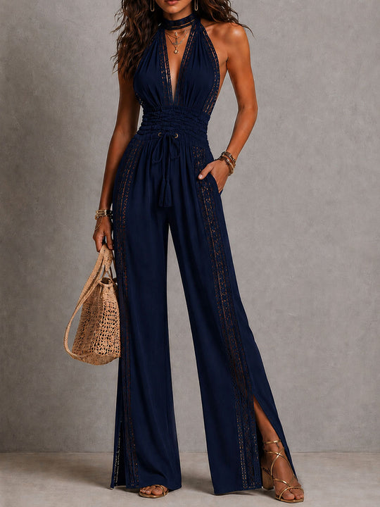 Boho Black Halter Deep V Smocked Waist Lace Wide-Leg One-Piece Jumpsuit