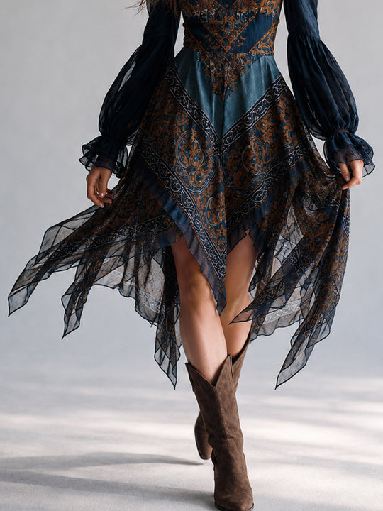 Bohemian Paisley Print Handkerchief Hem Dress