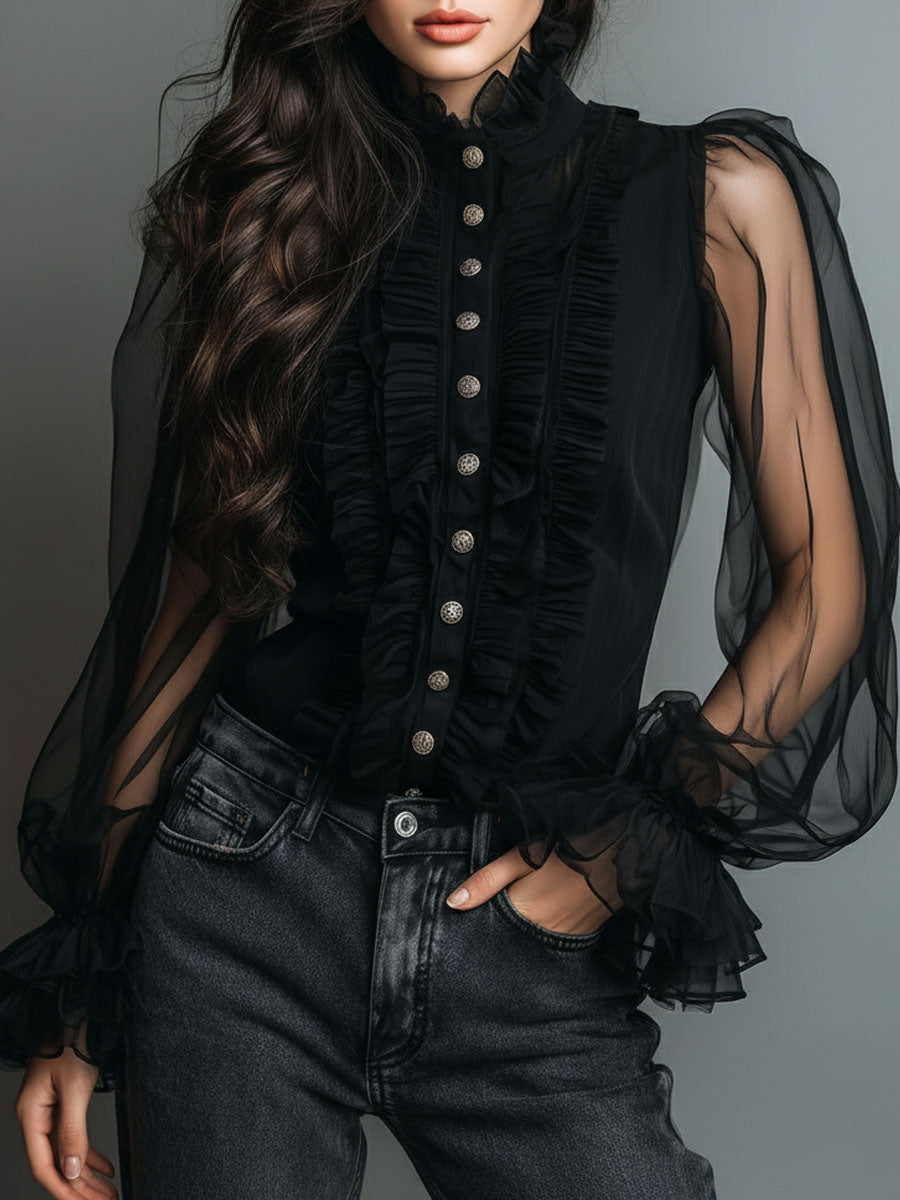 Vintage High Neck Black Sheer Organza Blouse With Ruffle Trim