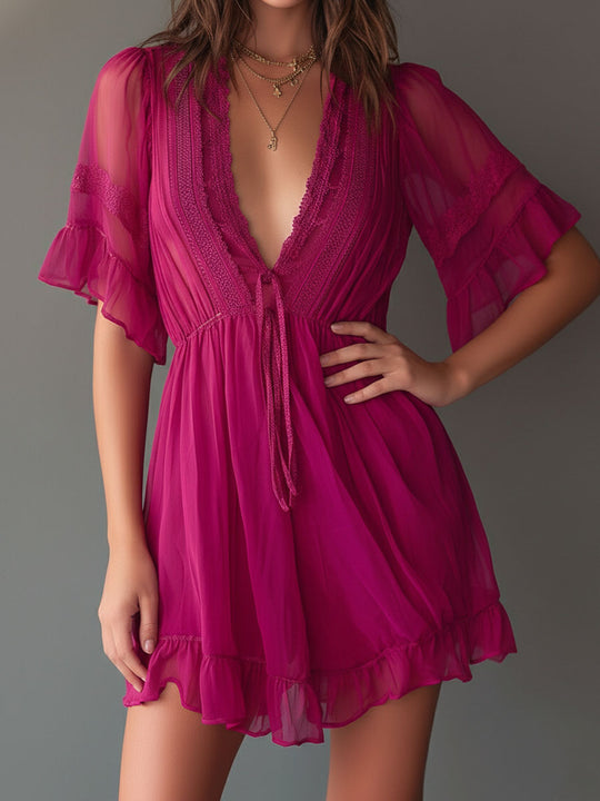 Boho Lace Trim Tie Waist Fuchsia Sheer Chiffon Ruffle Mini Dress