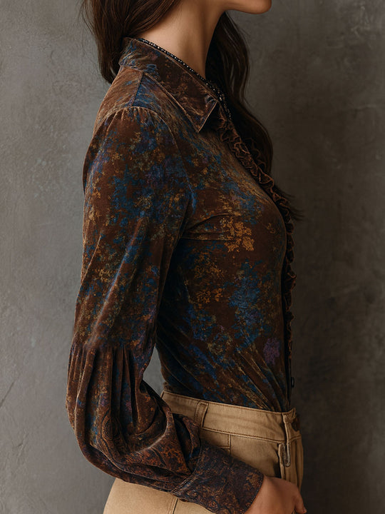 Chic Boho Floral Print Velvet Blouse With Ruffle Trim