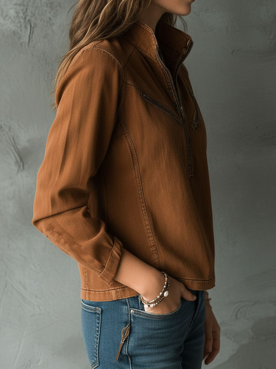 Vintage Caramel Brown Utility Zip-Up Shirt