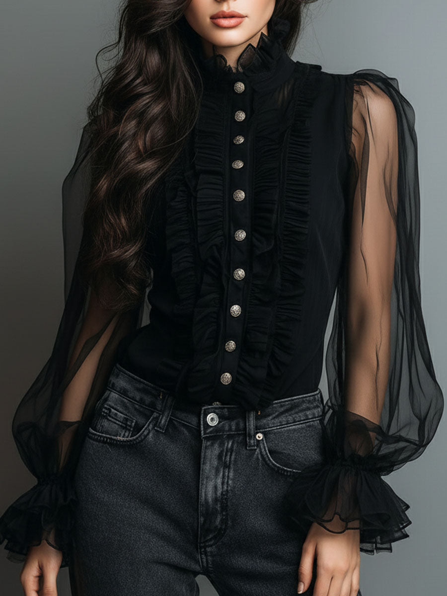 Vintage High Neck Black Sheer Organza Blouse With Ruffle Trim