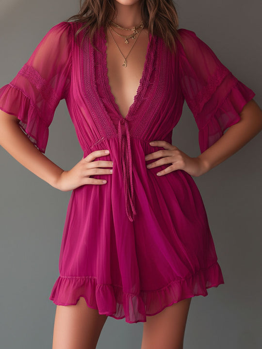 Boho Lace Trim Tie Waist Fuchsia Sheer Chiffon Ruffle Mini Dress