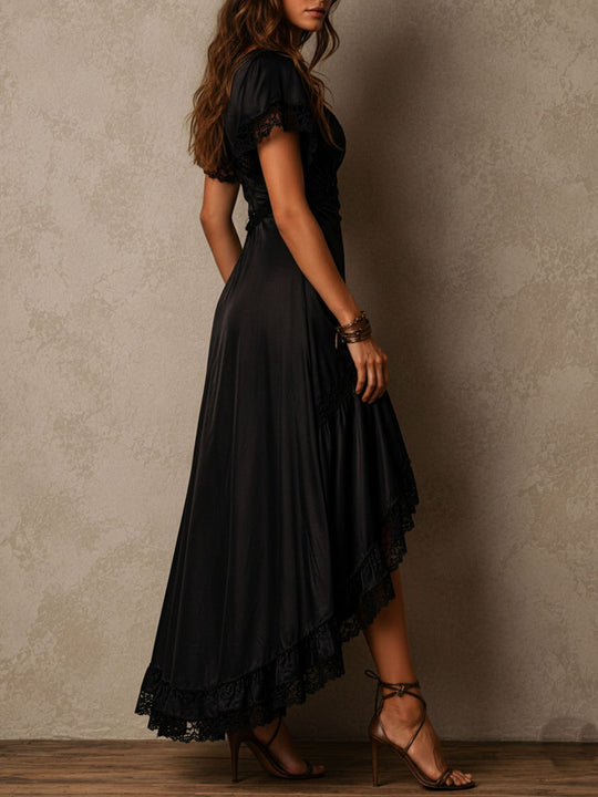 Boho Elegant Black Lace Trim Wrap Maxi Dress
