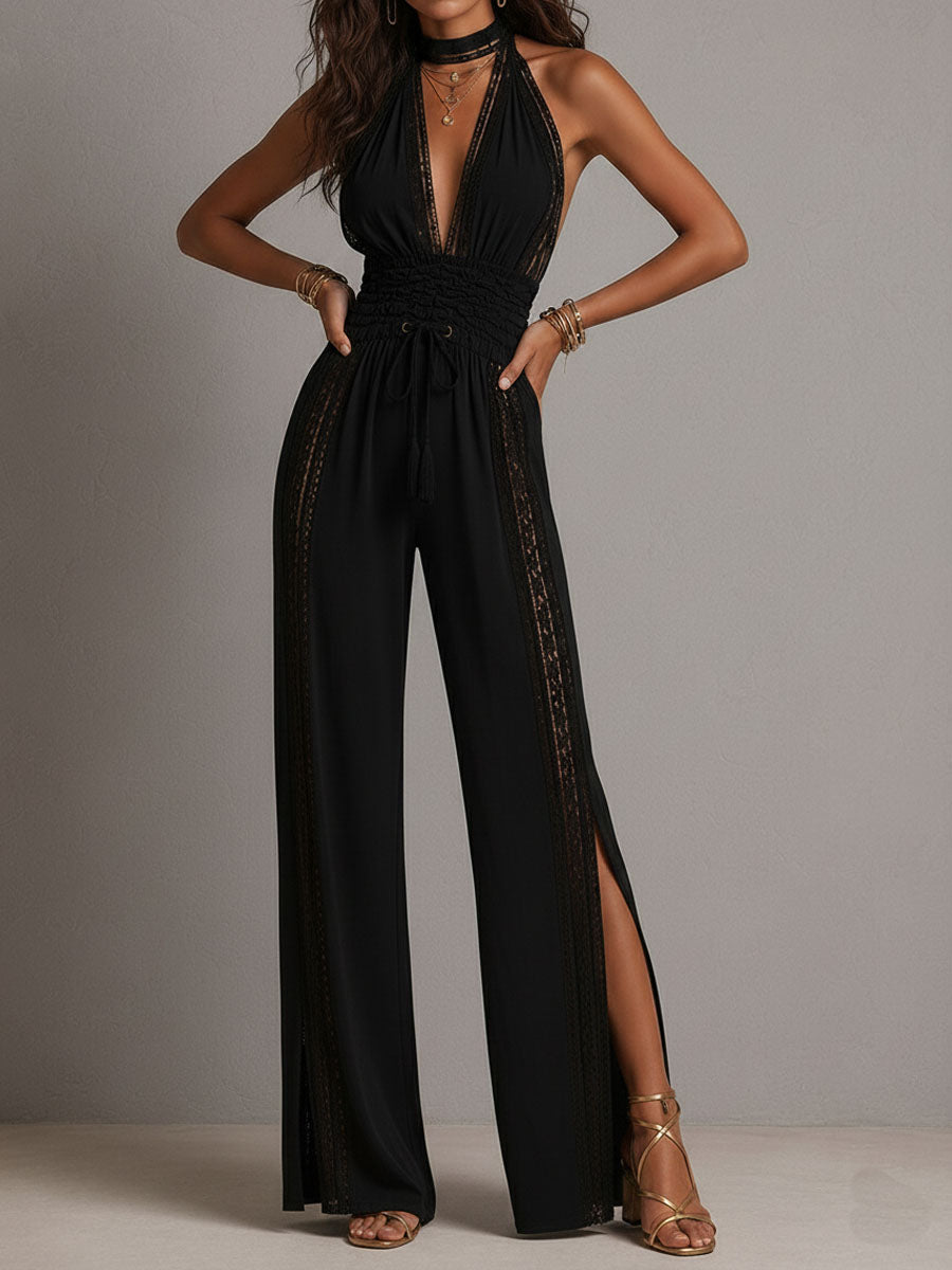 Boho Black Halter Deep V Smocked Waist Lace Wide-Leg One-Piece Jumpsuit