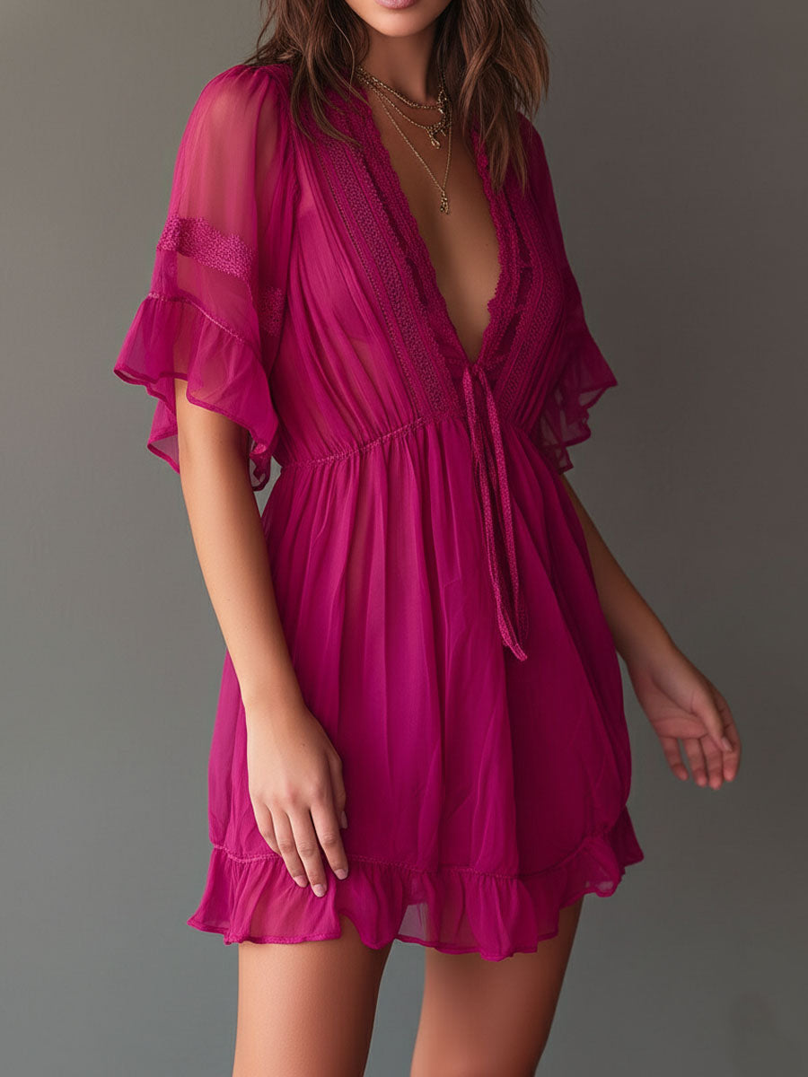 Boho Lace Trim Tie Waist Fuchsia Sheer Chiffon Ruffle Mini Dress