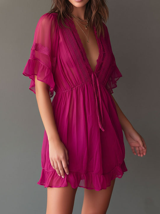 Boho Lace Trim Tie Waist Fuchsia Sheer Chiffon Ruffle Mini Dress