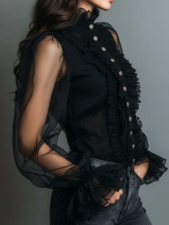 Vintage High Neck Black Sheer Organza Blouse With Ruffle Trim