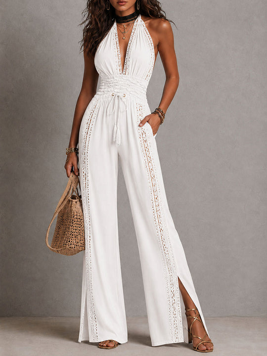 Boho Black Halter Deep V Smocked Waist Lace Wide-Leg One-Piece Jumpsuit
