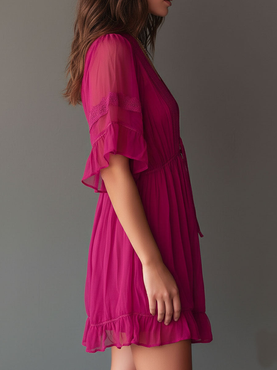Boho Lace Trim Tie Waist Fuchsia Sheer Chiffon Ruffle Mini Dress