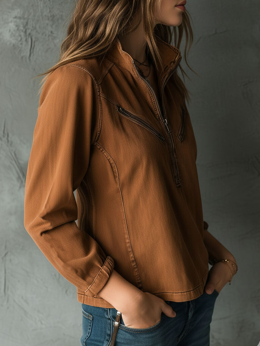 Vintage Caramel Brown Utility Zip-Up Shirt