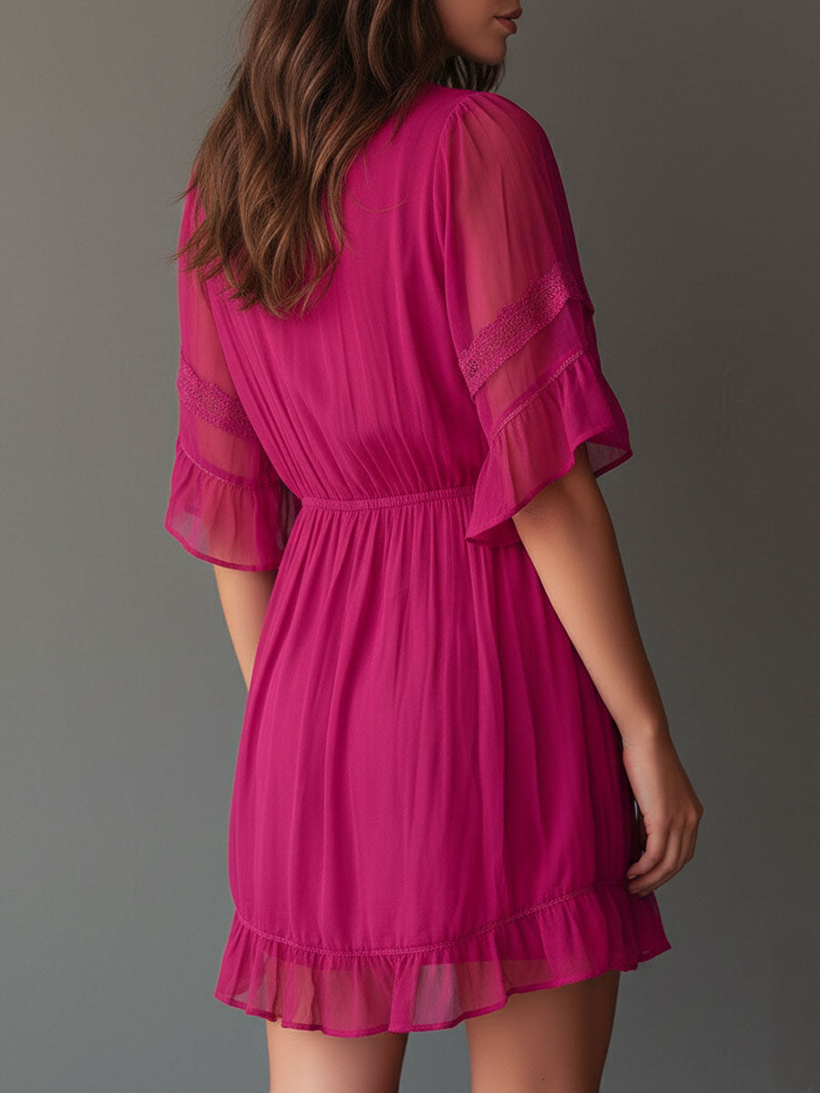 Boho Lace Trim Tie Waist Fuchsia Sheer Chiffon Ruffle Mini Dress