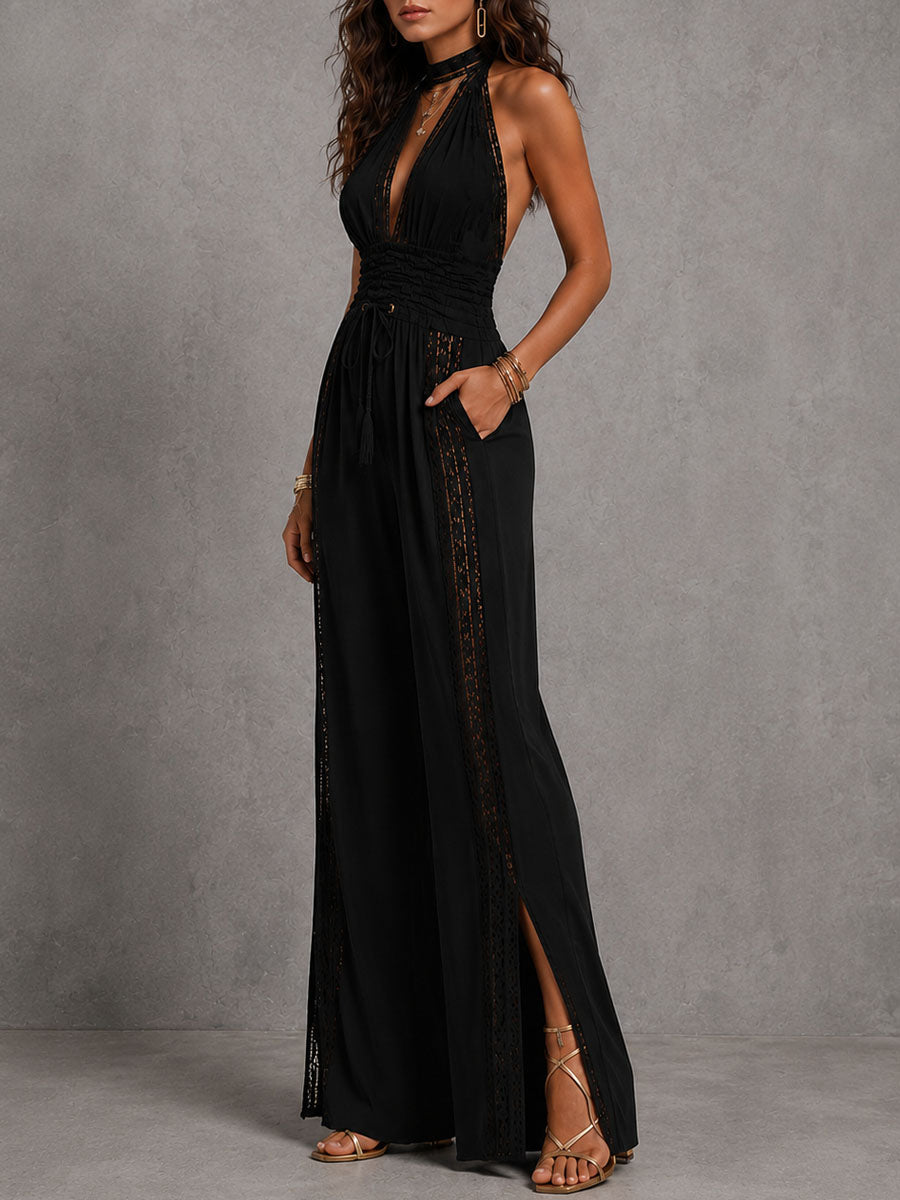 Boho Black Halter Deep V Smocked Waist Lace Wide-Leg One-Piece Jumpsuit