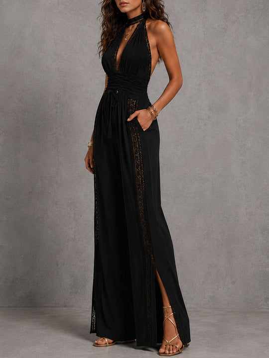 Boho Black Halter Deep V Smocked Waist Lace Wide-Leg One-Piece Jumpsuit