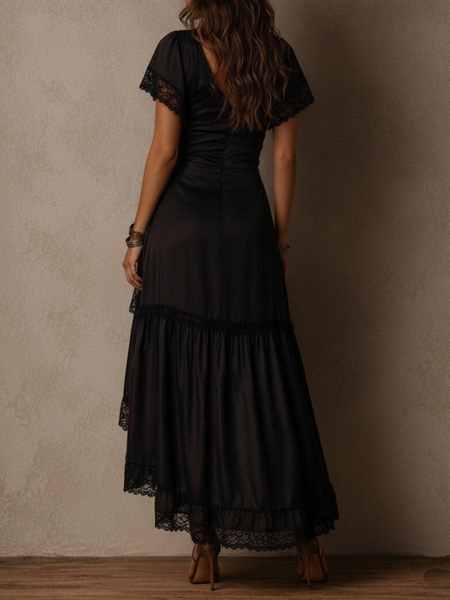 Boho Elegant Black Lace Trim Wrap Maxi Dress