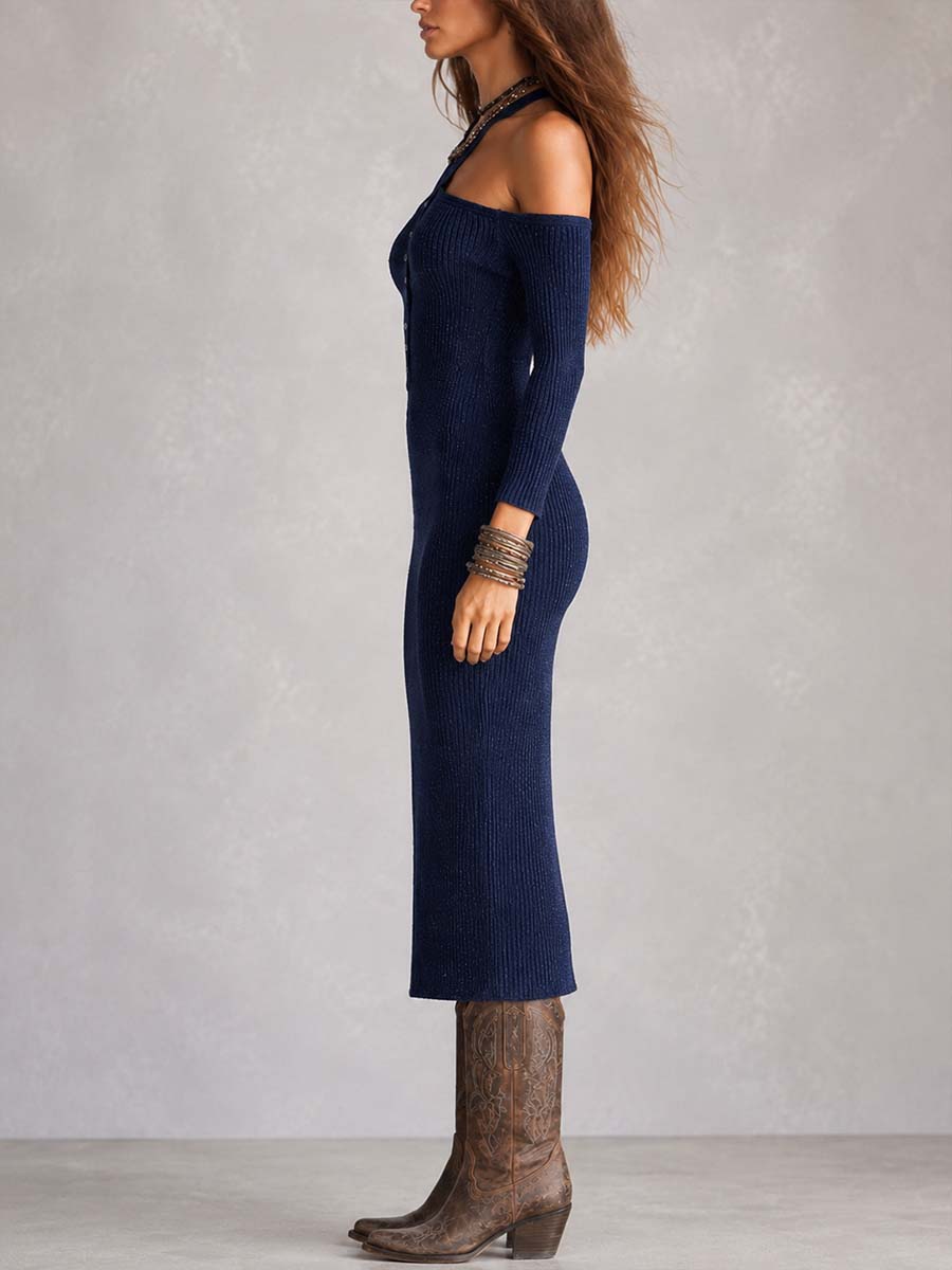 Boho Dark Blue Ribbed Knit Cold Shoulder Long Sleeve Slit Midi Dress