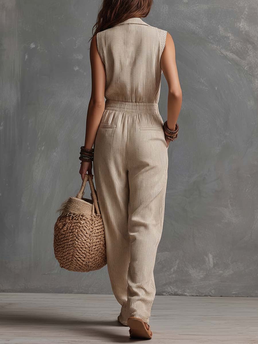 Boho Vintage Cotton Sleeveless Zip-Front Jumpsuit