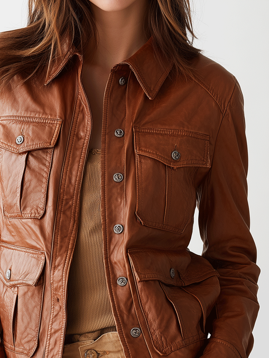 Vintage Classic Caramel Utility Leather Jacket