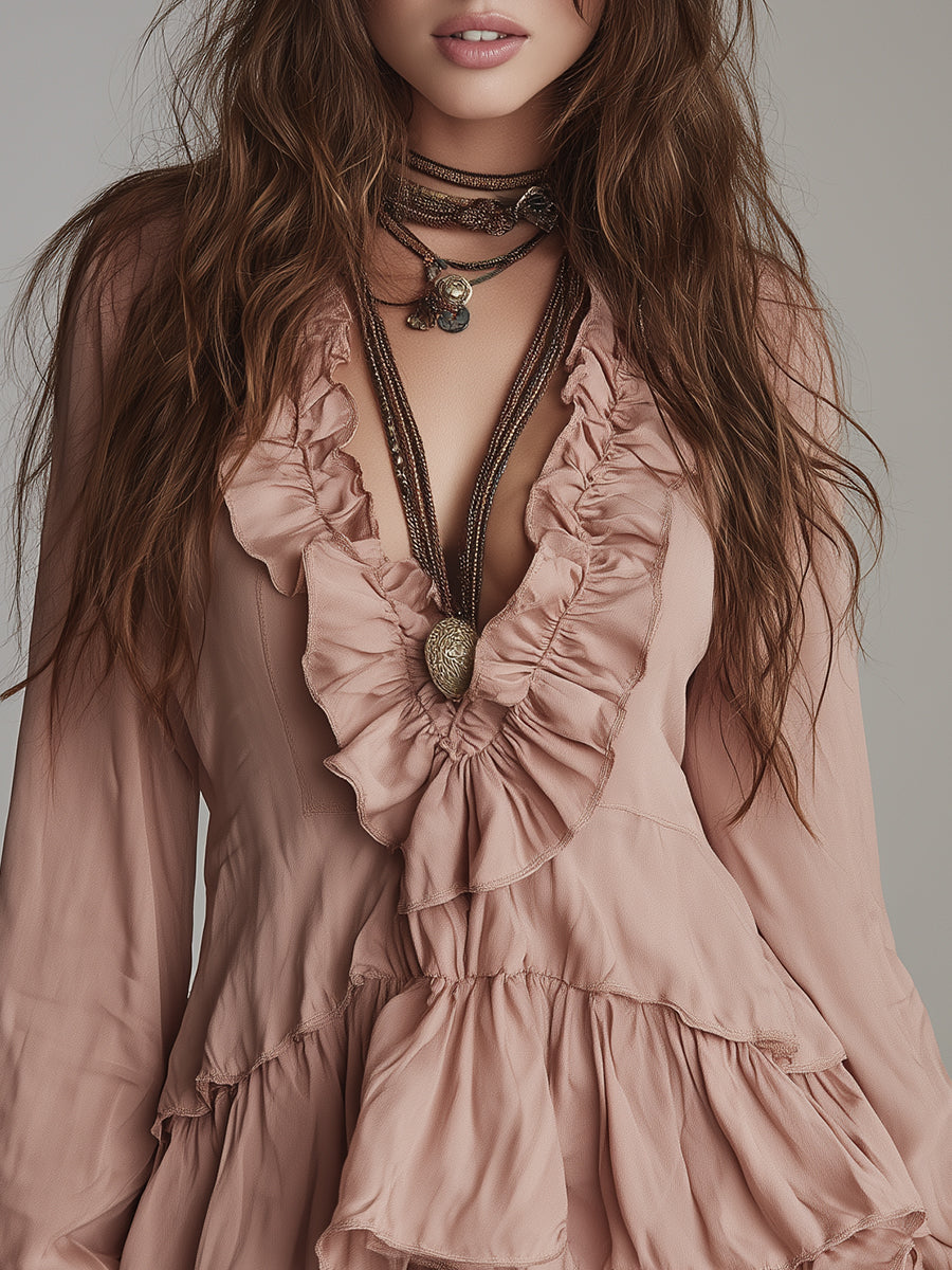 Bohemian Style Poplin Mini Dress With Ruffled Details