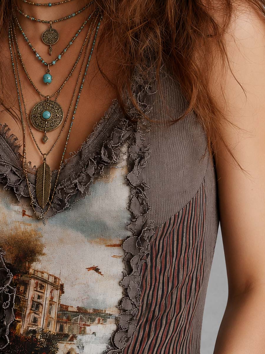 Vintage Oil Painting Print Knit Tank With Ruffled Lace Trim