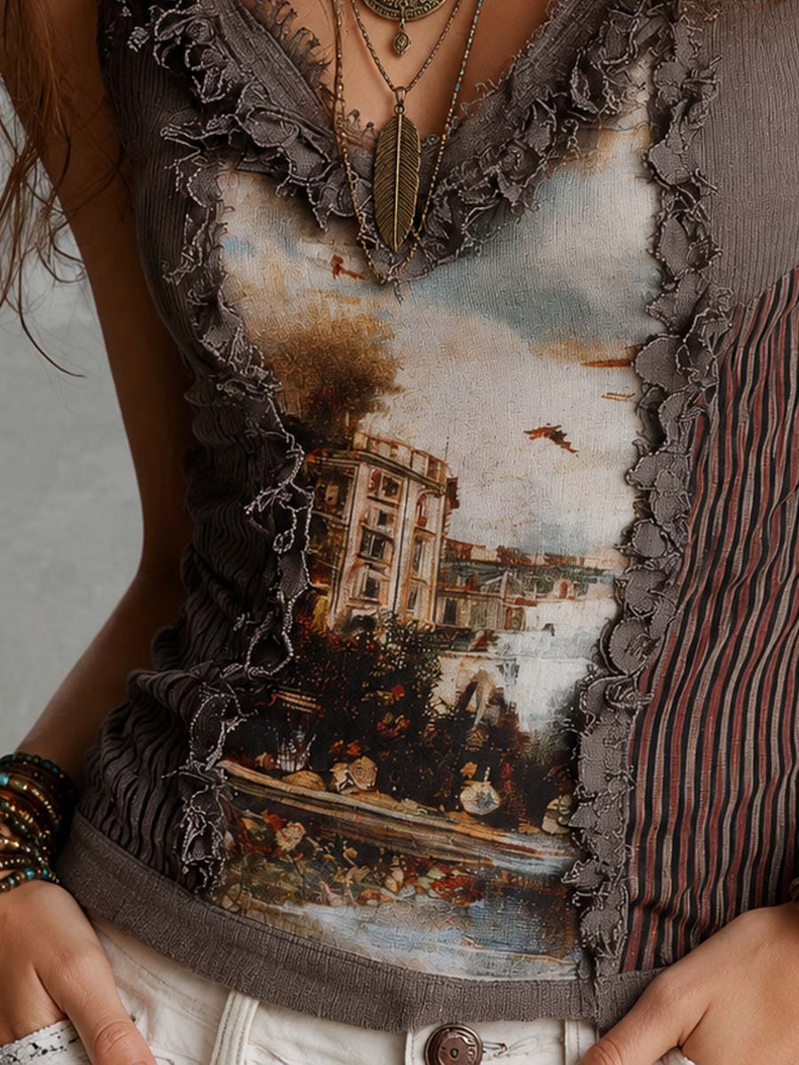 Vintage Oil Painting Print Knit Tank With Ruffled Lace Trim
