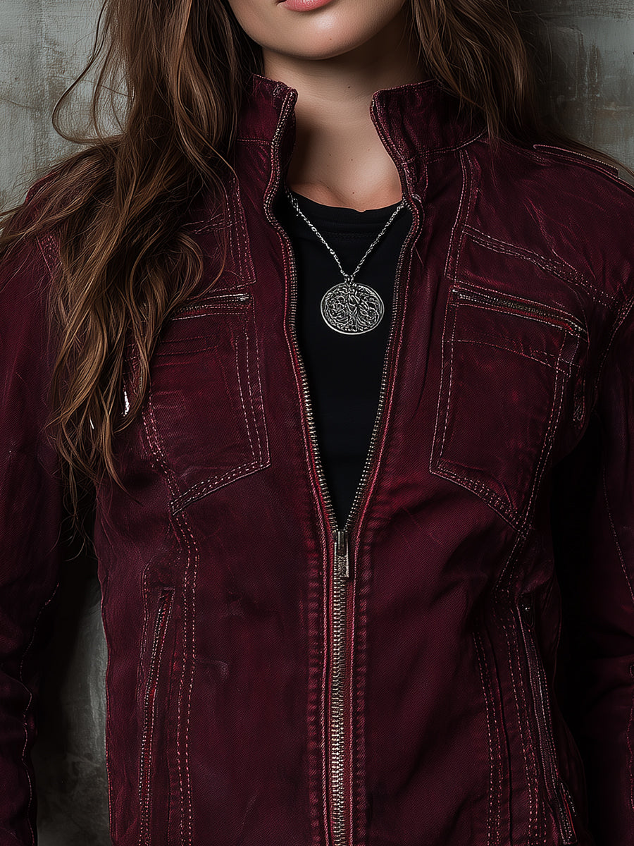 Vintage Washed Front Zip Straight Denim Jacket